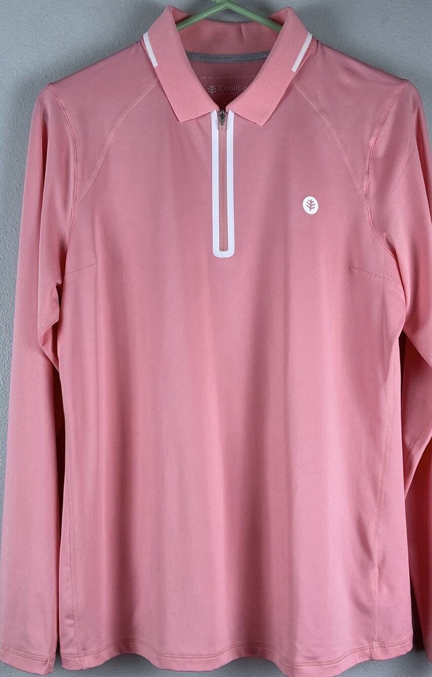 Coolibar Quarter Zip Sun Protection 50+ Sz M Base Layer Pink Wicking wht trim
